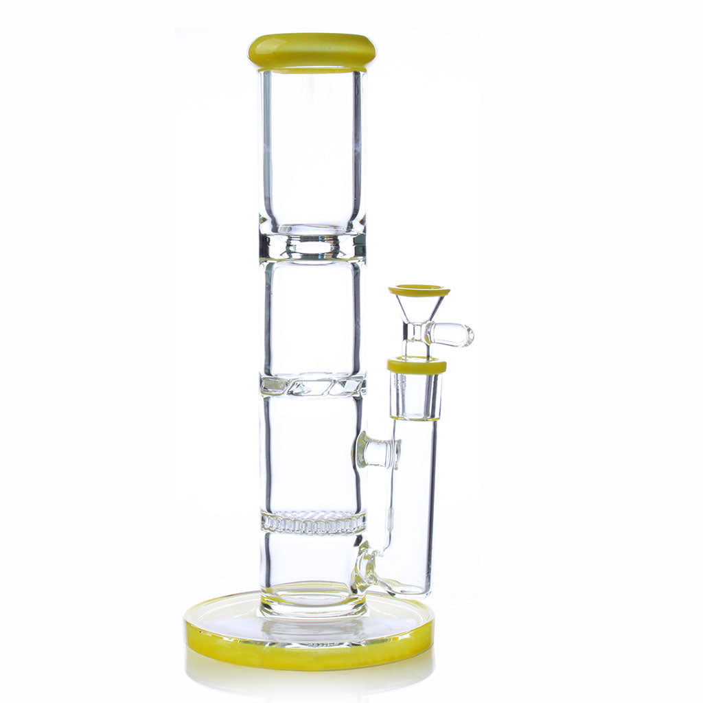 Yellow Mouthpiece And Bottom Stand 10 Inch Candy Colored Clear Glass Straight Tube Dab Rig