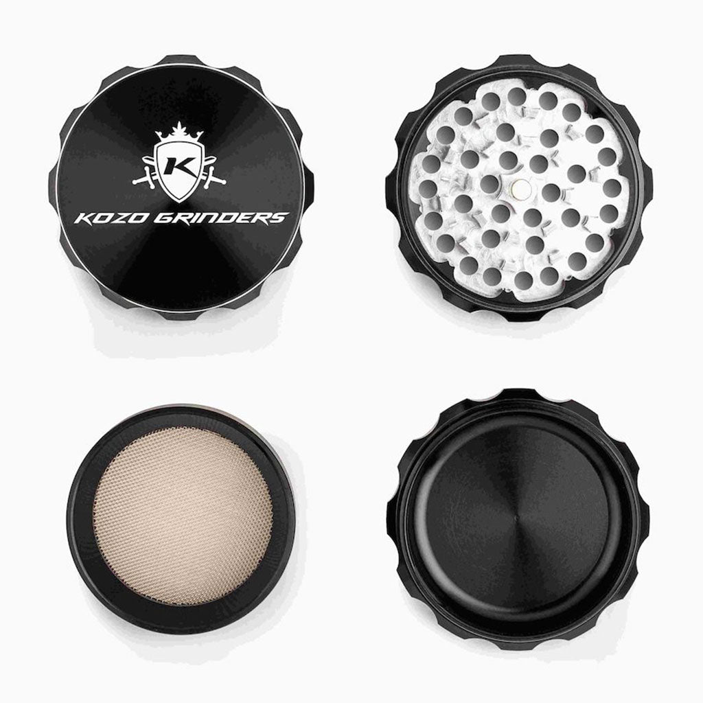 2.5 Inch Black Kozo Sharp Teeth Herb Grinder 4-Parts Open View At Honeybee Herb Buzz Shop