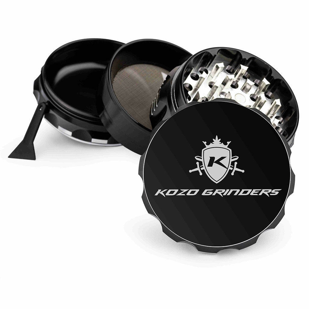2.5 Inch Black Kozo Sharp Teeth Herb Grinder 4-Parts View At Honeybee Herb Buzz Shop