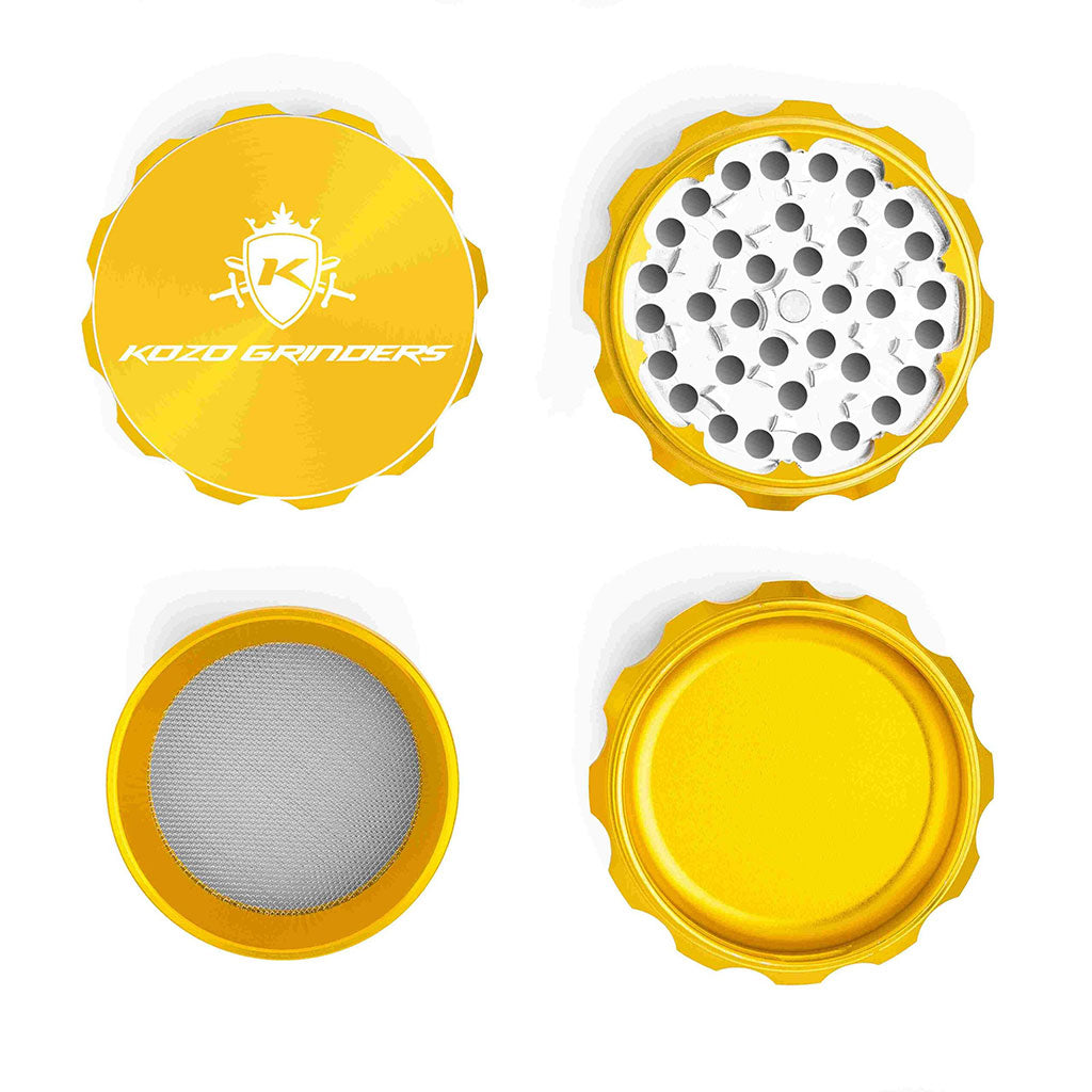 2.5 Inch Gold Kozo Sharp Teeth Herb Grinder 4-Parts Open View At Honeybee Herb Buzz Shop