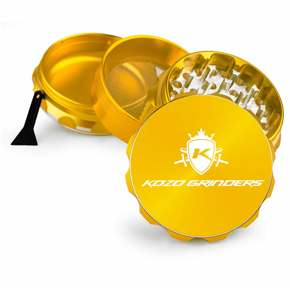 2.5 Inch Gold Kozo Sharp Teeth Herb Grinder 4-Parts View At Honeybee Herb Buzz Shop