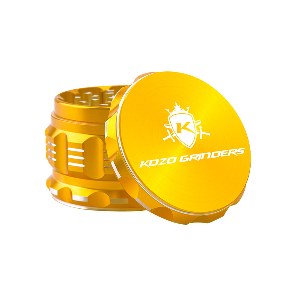 2.5 Inch Gold Kozo Sharp Teeth Herb Grinder Open View At Honeybee Herb Buzz Shop
