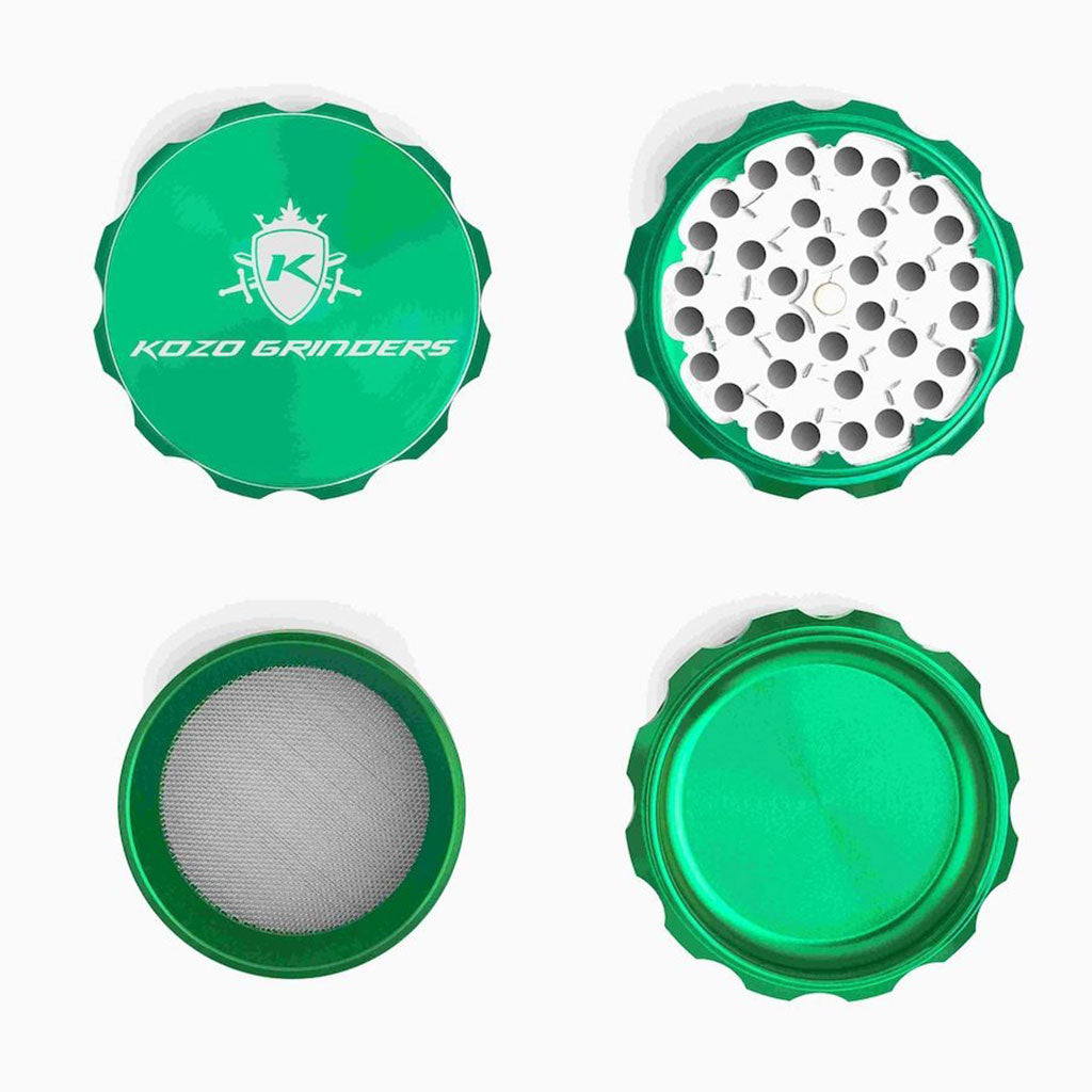 2.5 Inch Green Kozo Sharp Teeth Herb Grinder 4-Parts Open View At Honeybee Herb Buzz Shop