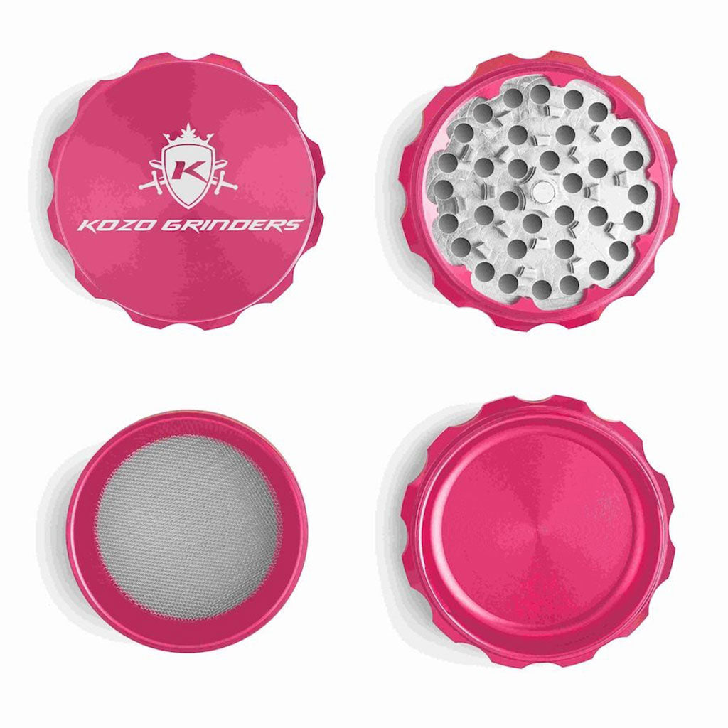2.5 Inch Pink Kozo Sharp Teeth Herb Grinder 4-Parts Open View At Honeybee Herb Buzz Shop