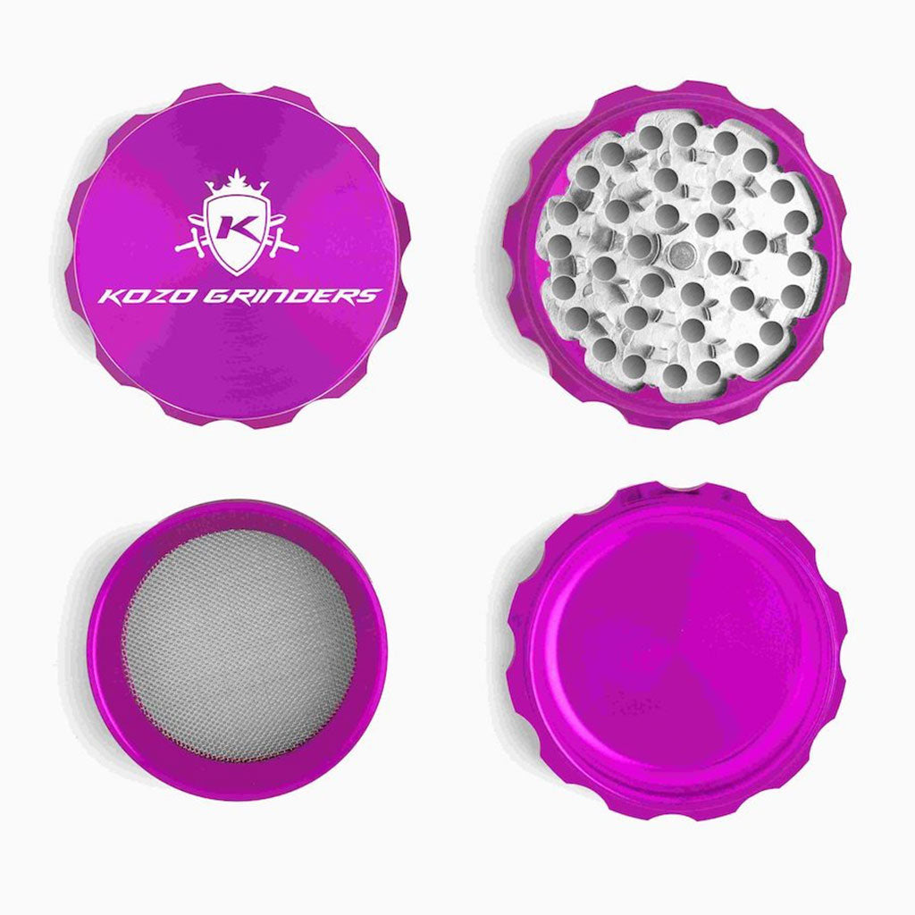 2.5 Inch Purple Kozo Sharp Teeth Herb Grinder 4-Parts Open View At Honeybee Herb Buzz Shop