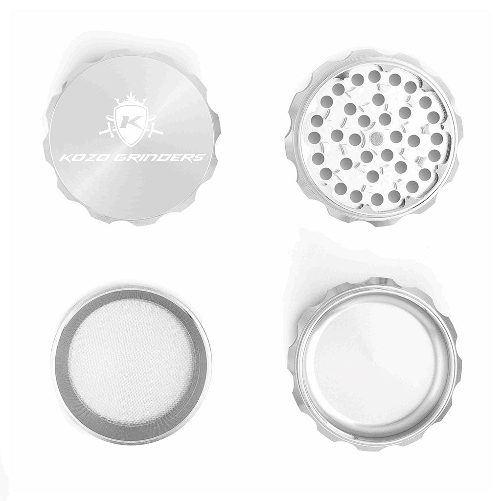 2.5 Inch Silver Kozo Sharp Teeth Herb Grinder 4-Parts Open View At Honeybee Herb Buzz Shop