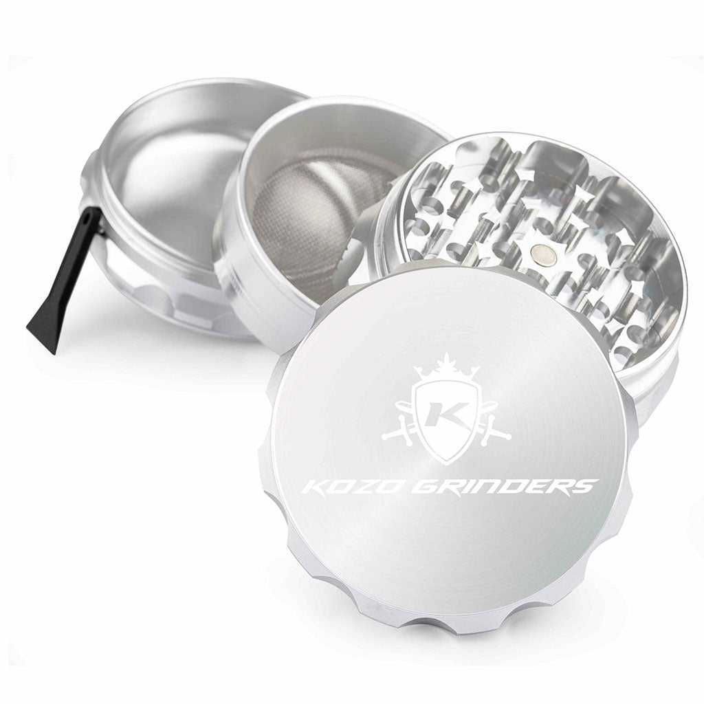 2.5 Inch Silver Kozo Sharp Teeth Herb Grinder 4-Parts View At Honeybee Herb Buzz Shop