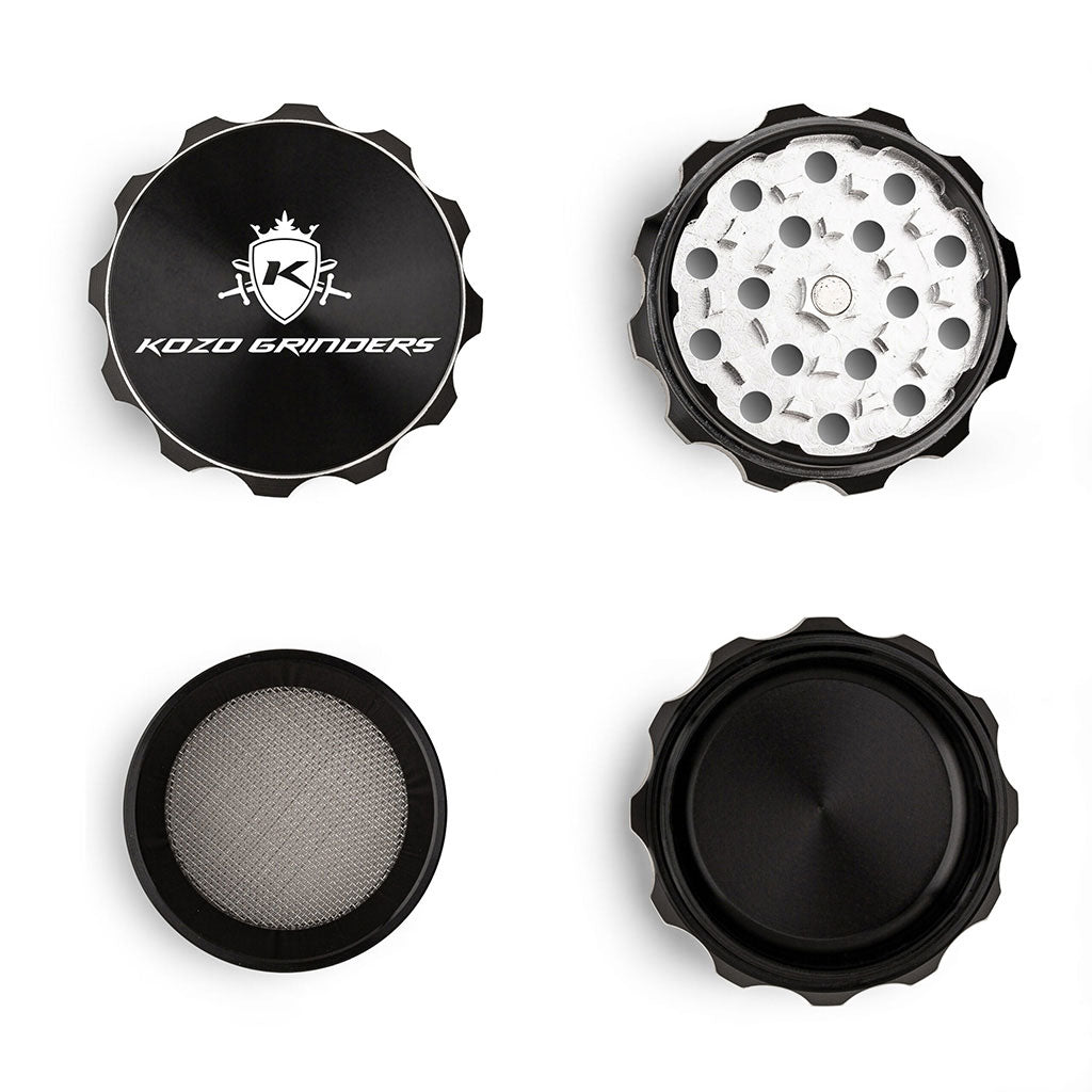 2 Inch Black Kozo Grinder 4-Parts Open View At Honeybee Herb Buzz Shop