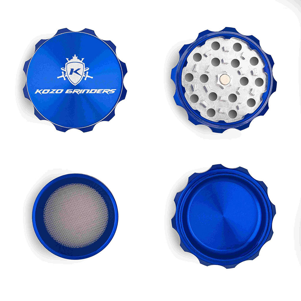 2 Inch Blue Portable Kozo Herb Grinder 4-Parts Open View At Honeybee Herb Buzz Shop