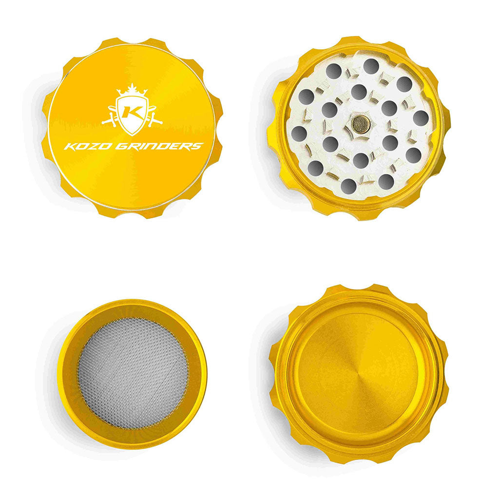 2 Inch Gold Kozo Herb Grinder 4-Parts Open View At Honeybee Herb Buzz Shop