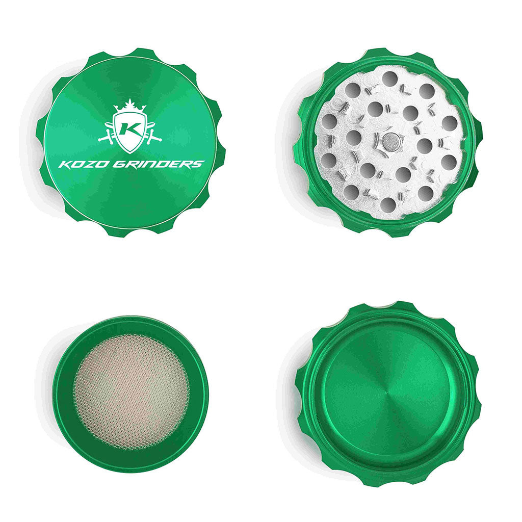 2 Inch Green Kozo Herb Grinder 4-Parts Open View At Honeybee Herb Buzz Shop