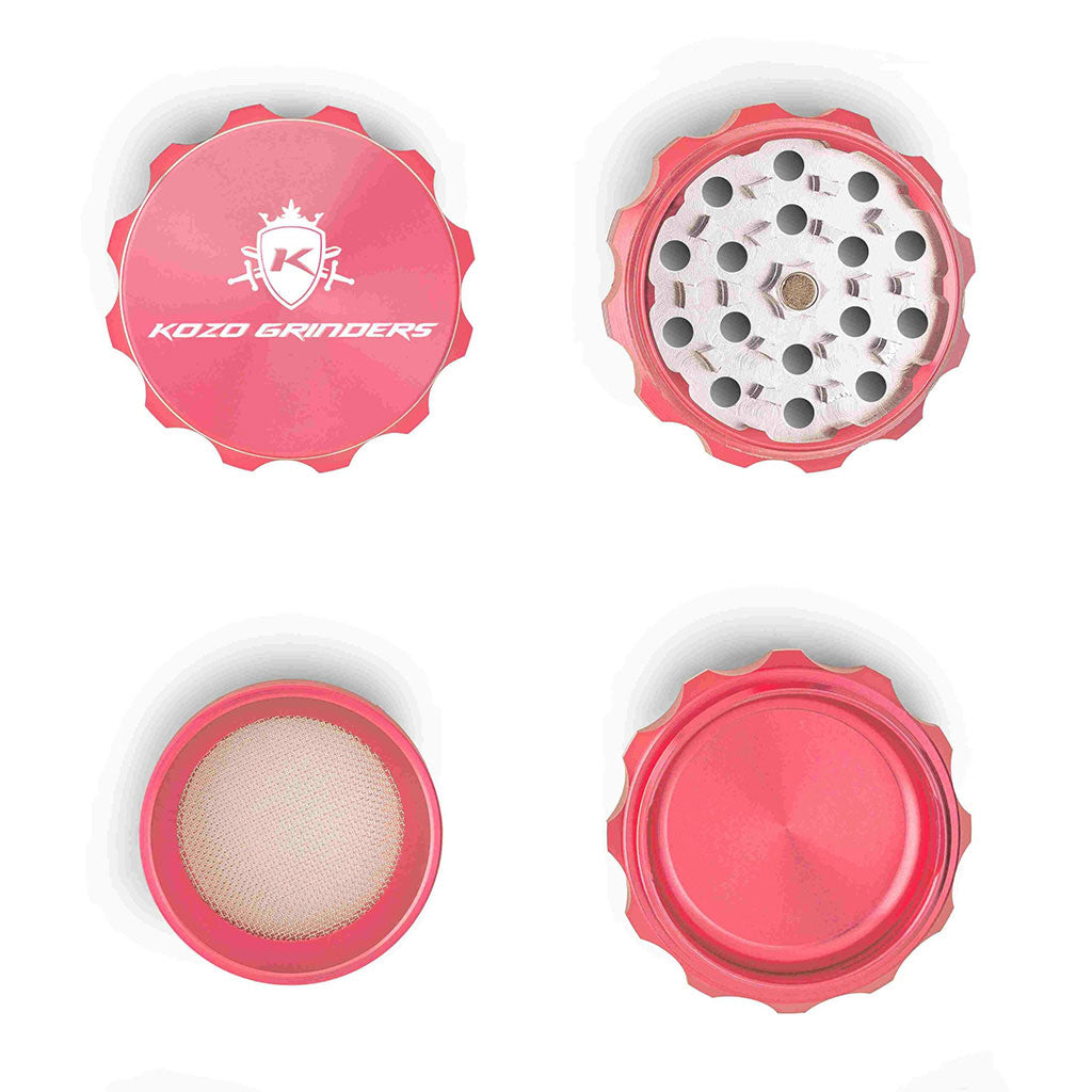 2 Inch Pink Kozo Herb Grinder 4-Parts Open View At Honeybee Herb Buzz Shop