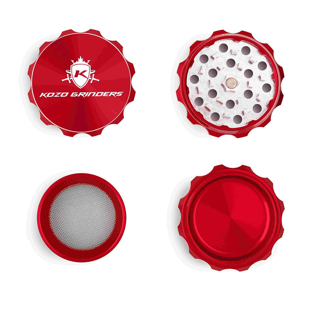 2 Inch Red Portable Kozo Herb Grinder 4-Parts Open View At Honeybee Herb Buzz Shop