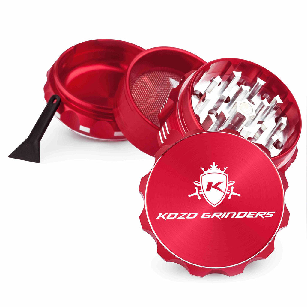 2 Inch Red Portable Kozo Herb Grinder 4-Parts View At Honeybee Herb Buzz Shop