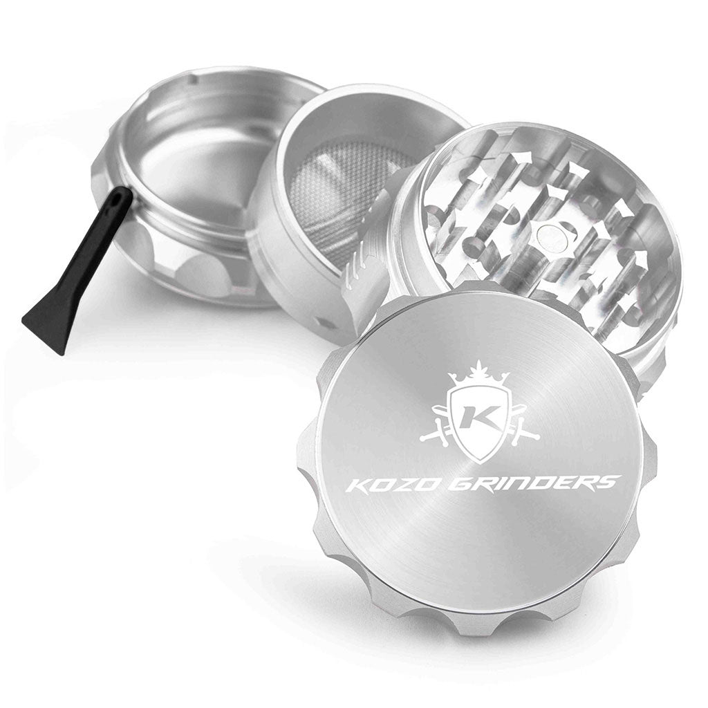 2 Inch Silver Kozo Herb Grinder 4-Parts View At Honeybee Herb Buzz Shop
