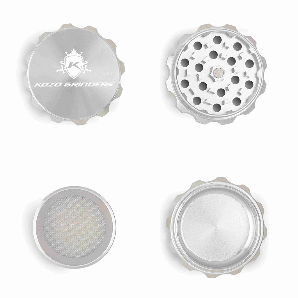 2 Inch Silver Kozo Herb Grinder 4-Parts Open View At Honeybee Herb Buzz Shop