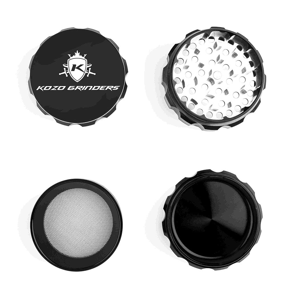 3 Inch Black Kozo Portable Herb Grinder 4-Parts Open View At Honeybee Herb Buzz Shop