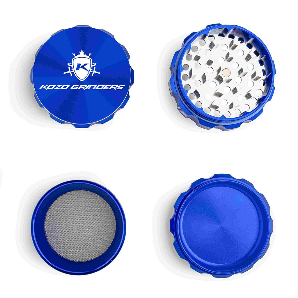3 Inch Blue Kozo Portable Herb Grinder 4-Parts Open View At Honeybee Herb Buzz Shop