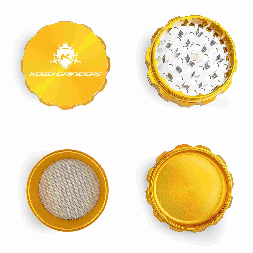 3 Inch Gold Kozo Portable Herb Grinder 4-Parts Open View At Honeybee Herb Buzz Shop