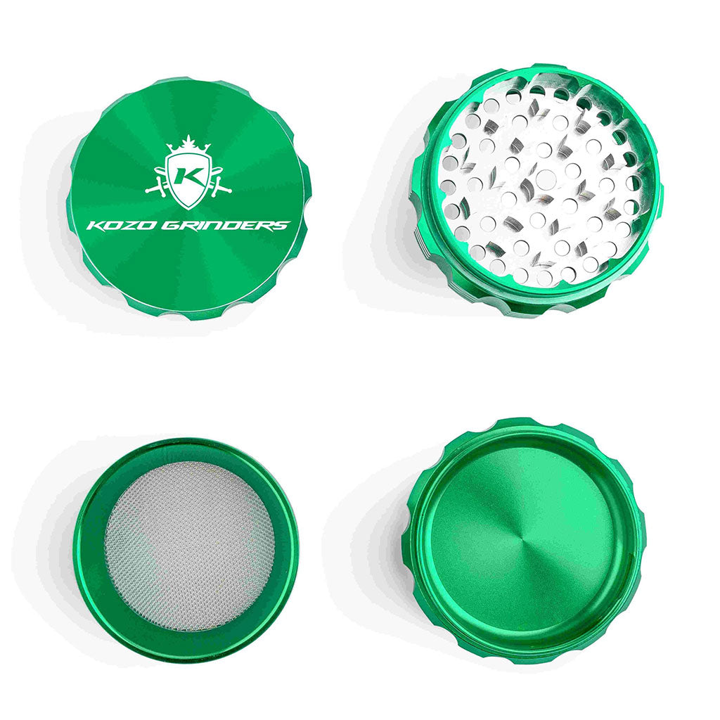 3 Inch Green Kozo Portable Herb Grinder 4-Parts Open View At Honeybee Herb Buzz Shop