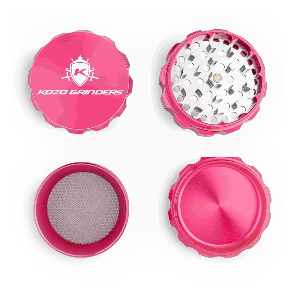 3 Inch Pink Kozo Portable Herb Grinder 4-Parts Open View At Honeybee Herb Buzz Shop