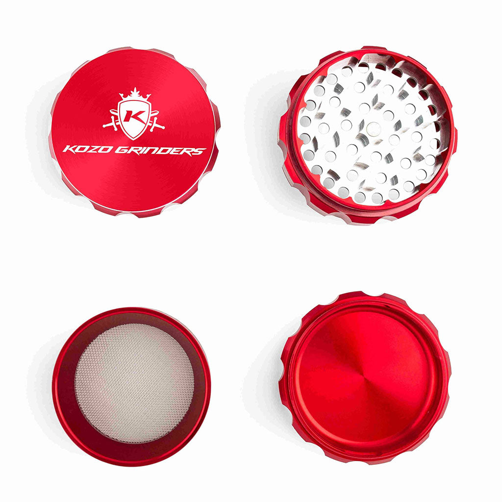 3 Inch Red Kozo Portable Herb Grinder 4-Parts Open View At Honeybee Herb Buzz Shop