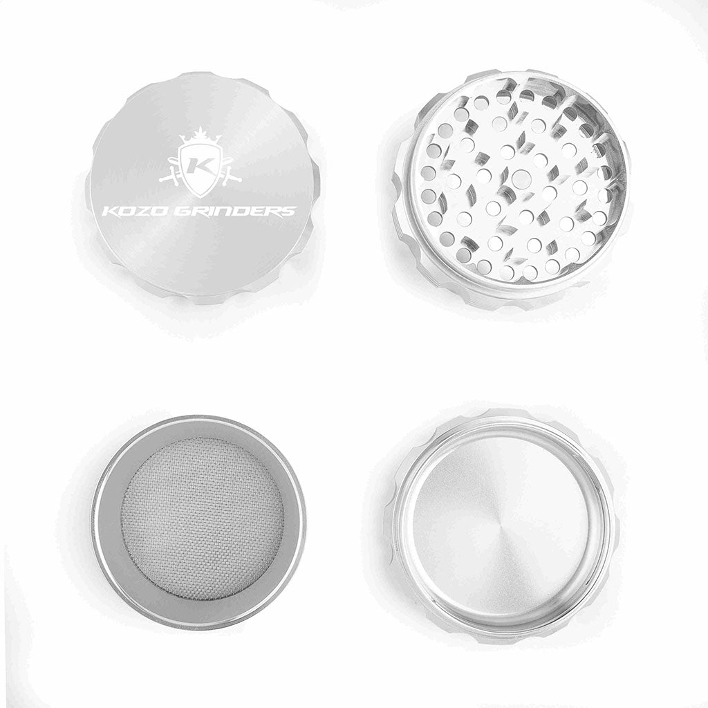 3 Inch Silver Kozo Portable Herb Grinder 4-Parts Open View At Honeybee Herb Buzz Shop