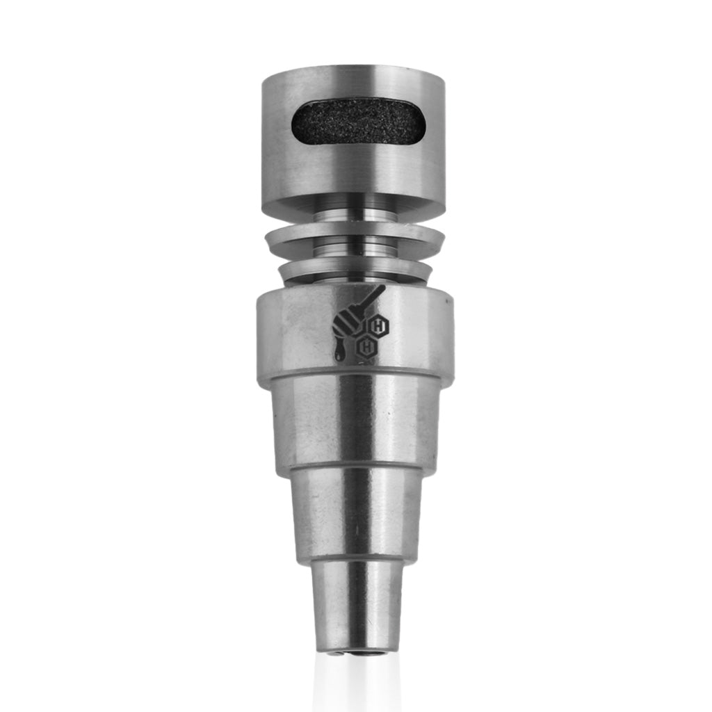 Titanium Silver 6-in-1 Moon Rock Dab Nail Compatible With 10mm, 14mm, And 18mm Male Joints.