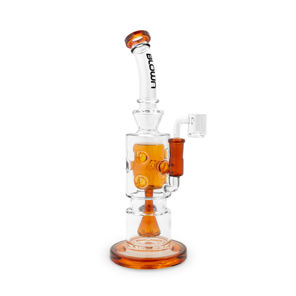 Amber BLOWN ALPHA 12-inch Glass Rig featuring Drip Perc Fab Egg - Purchase Now