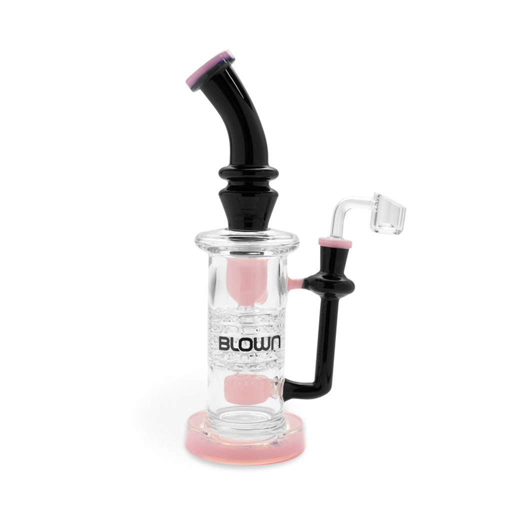 Pink BLOWN Glass ZETA 12in Recycler Rig with Drum and 5-Stack Plate Perc