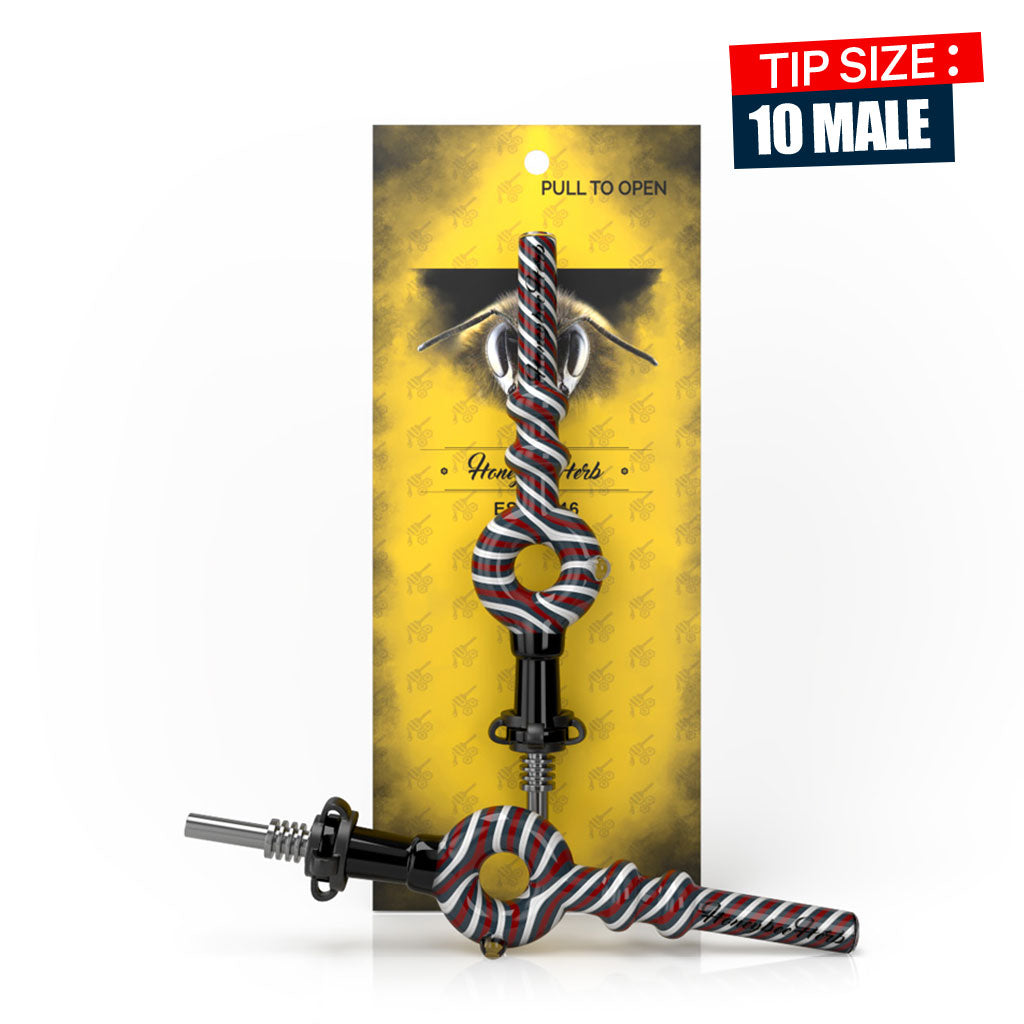 Red Glass Donut Swirl Stripped Nectar Collector with Steel Tip Yellow Packaging View