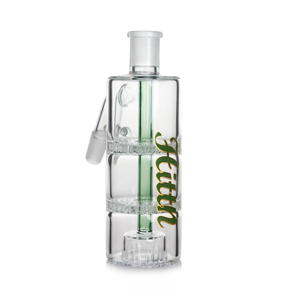 Hittn 14MM 45° Stacked Honeycomb With Showerhead Perc Ash Catcher Made From Clear Glass With Green Accents