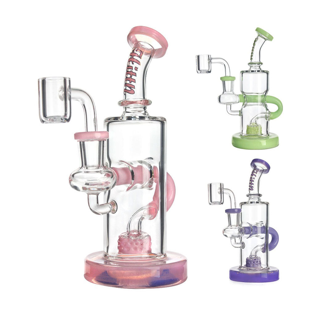 Hittn Color-Accented Barrel Perc Recycler Rigs in green, pink, and purple—available now at Honeybee Herb with fast shipping.