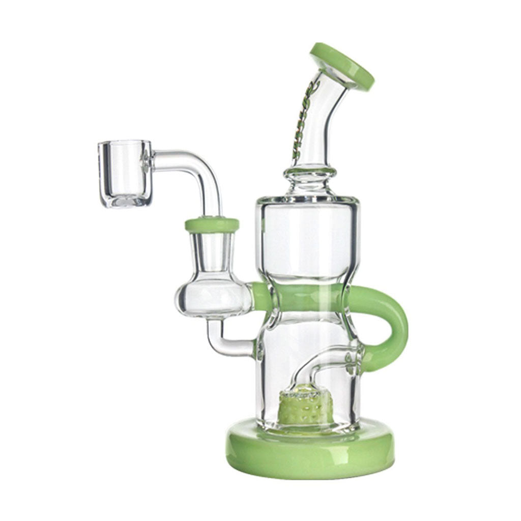 Green Hittn Color-Accented Barrel Perc Recycler Rig, front view—buy online at Honeybee Herb; smooth diffusion and durable glass.