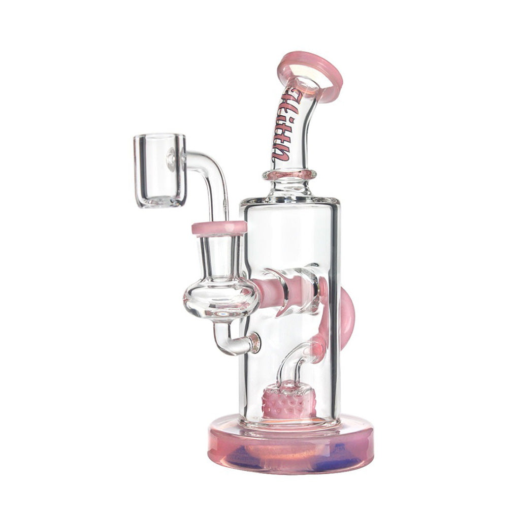 Pink Hittn Color-Accented Barrel Perc Recycler Rig, front view—buy online at Honeybee Herb; barrel perc recycler, durable glass, fast shipping.