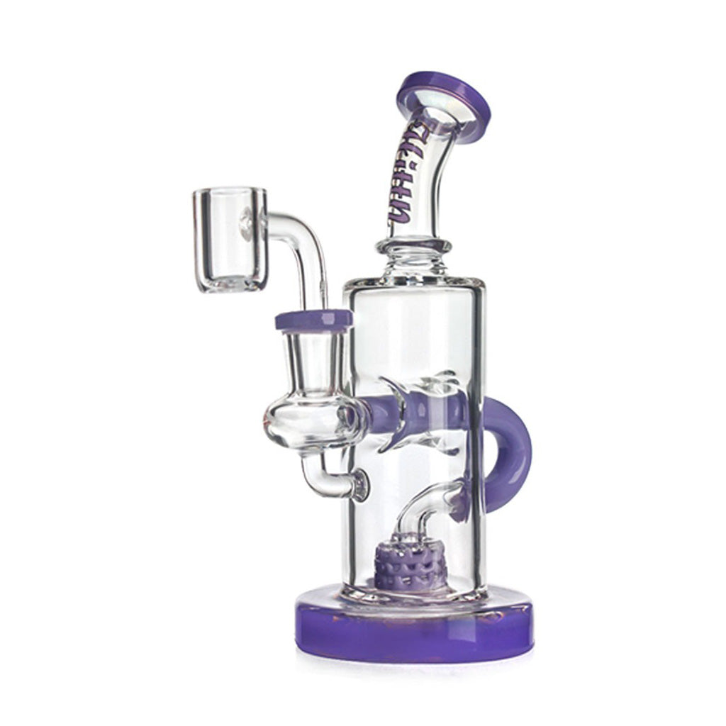 Purple Hittn Color-Accented Barrel Perc Recycler Rig, front view—buy online at Honeybee Herb; barrel perc recycler, durable glass, fast shipping.