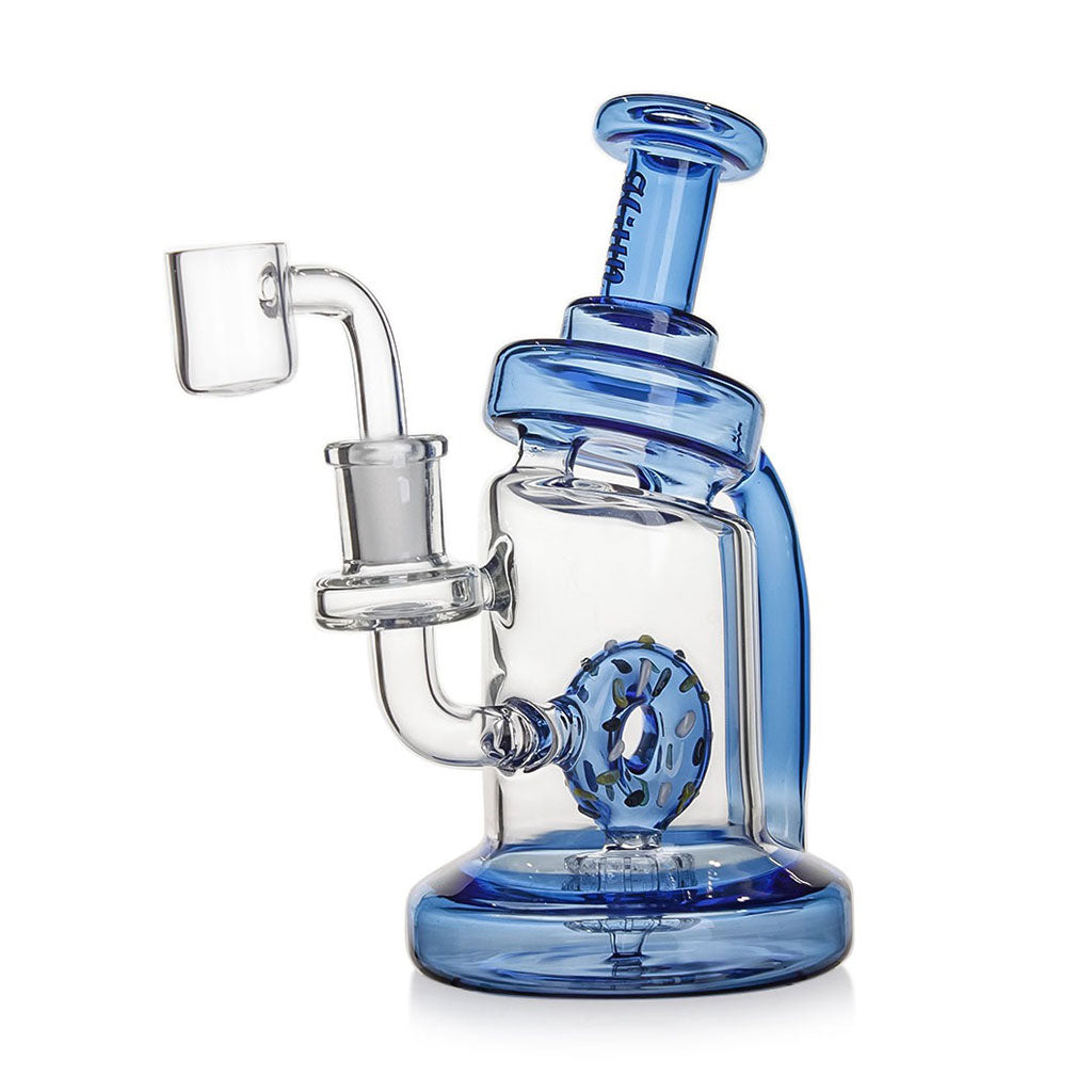 Blue Hittn Donut Matrix Perc Rig, side view with donut matrix diffuser—shop Honeybee Herb for fast shipping and secure checkout.