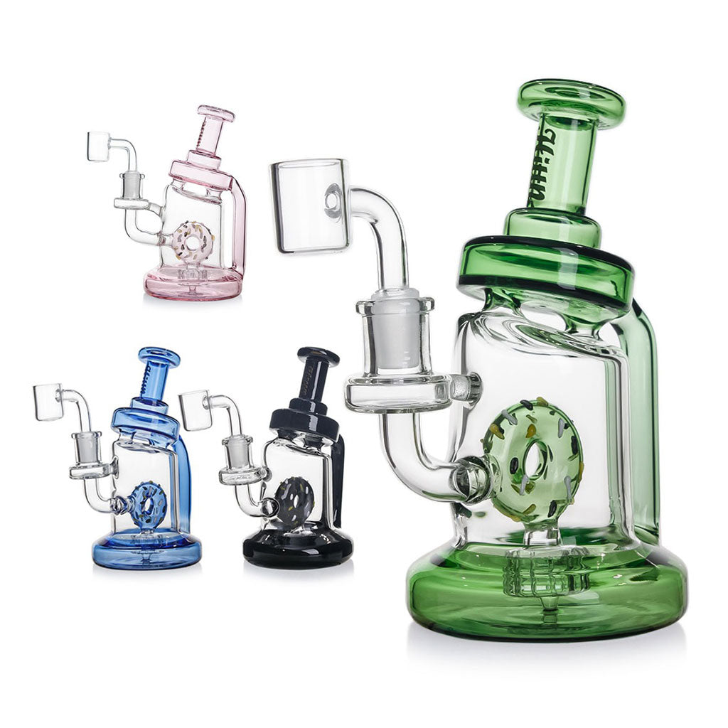 Hittn Donut Matrix Perc Rigs in green, blue, pink, and black—available now at Honeybee Herb; order your favorite color with quick delivery.