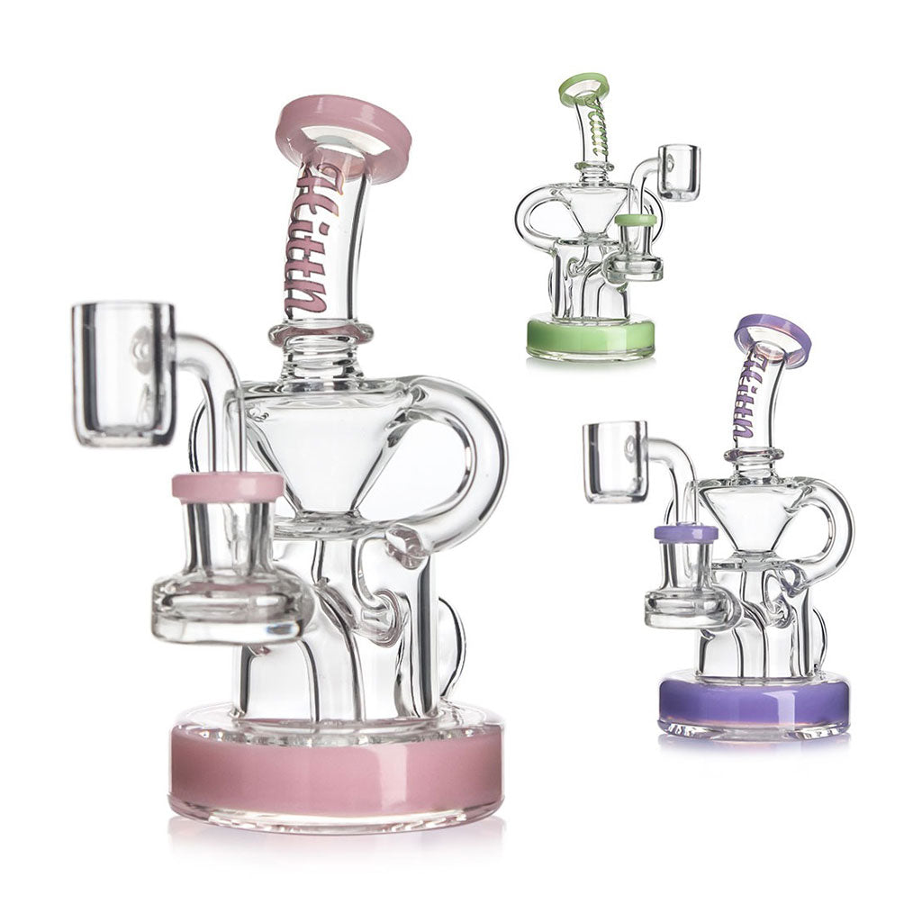 Hittn Drum & Cone Chamber Recycler Rigs in green, pink, and purple—available now at Honeybee Herb with quick delivery.