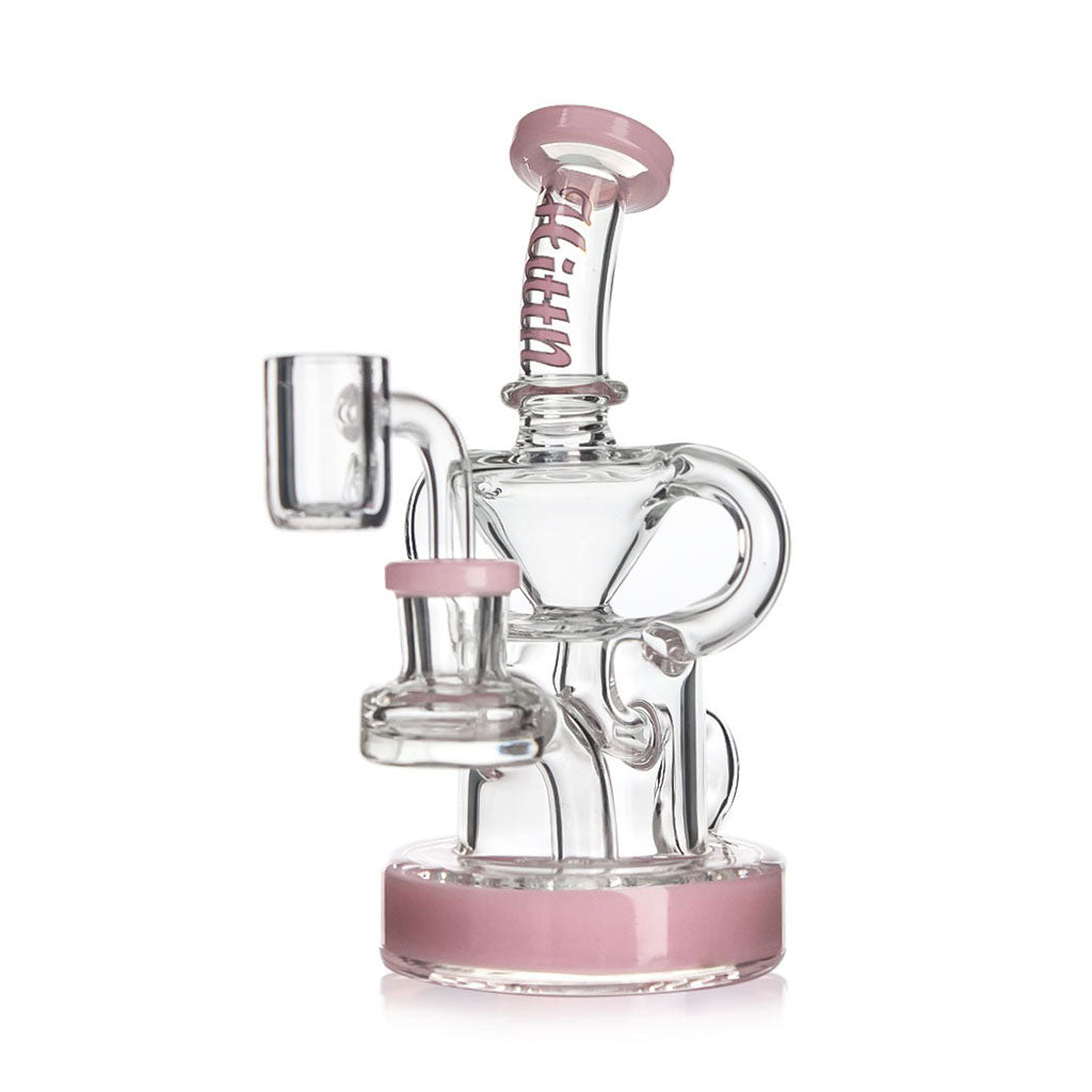Side view of the Pink Hittn Drum & Cone Chamber Recycler Rig—order now at Honeybee Herb for clean, cooled hits and quick delivery.