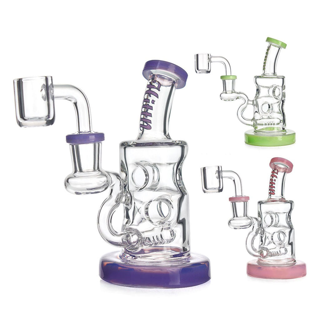 Hittn Multi-Diffusions Inline Perc Dab Rigs in purple, green, and pink—shop Honeybee Herb and order your favorite color with quick delivery.