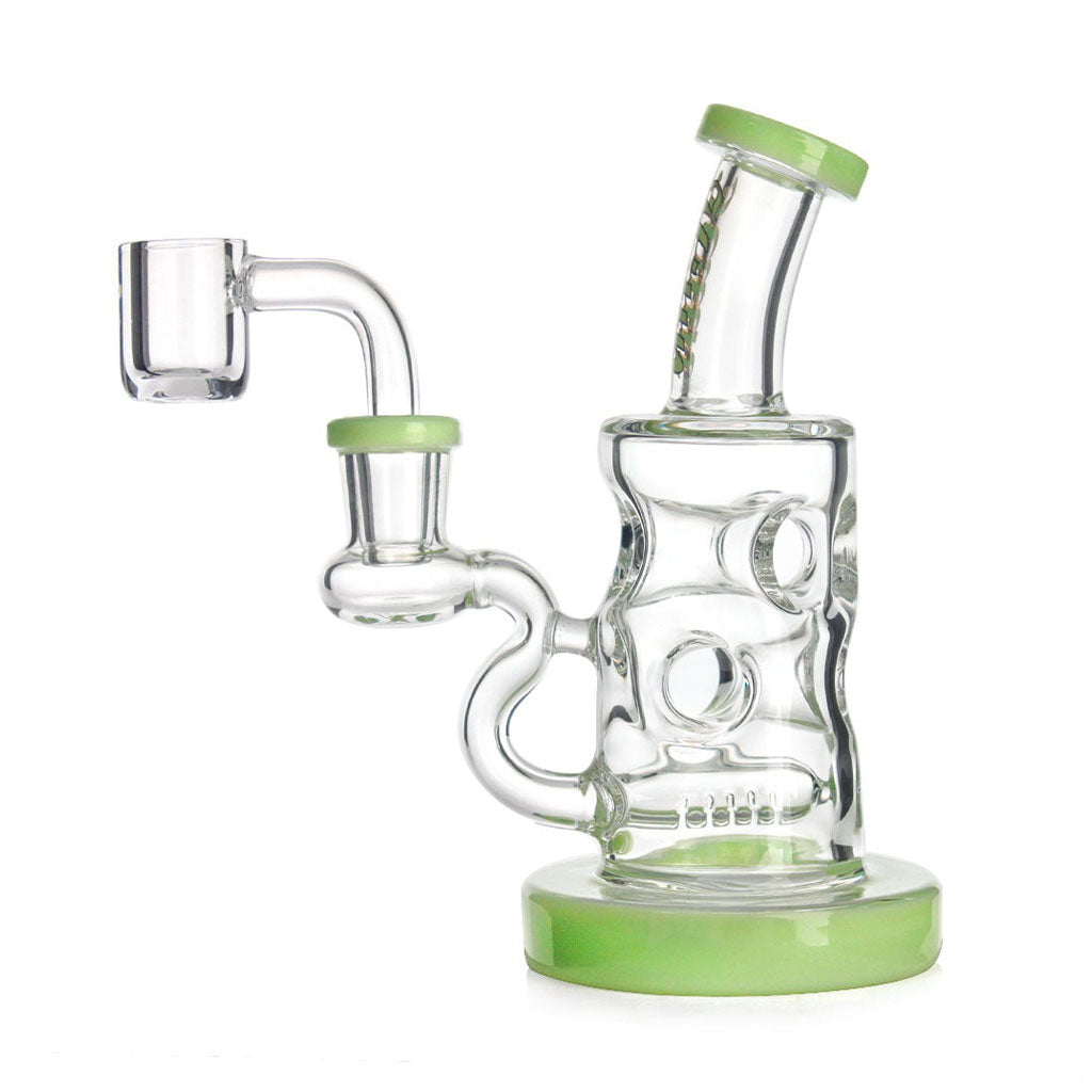 Green Hittn Multi-Diffusions Inline Perc Dab Rig, front view—buy online at Honeybee Herb; inline perc cooling, premium glass, fast shipping.