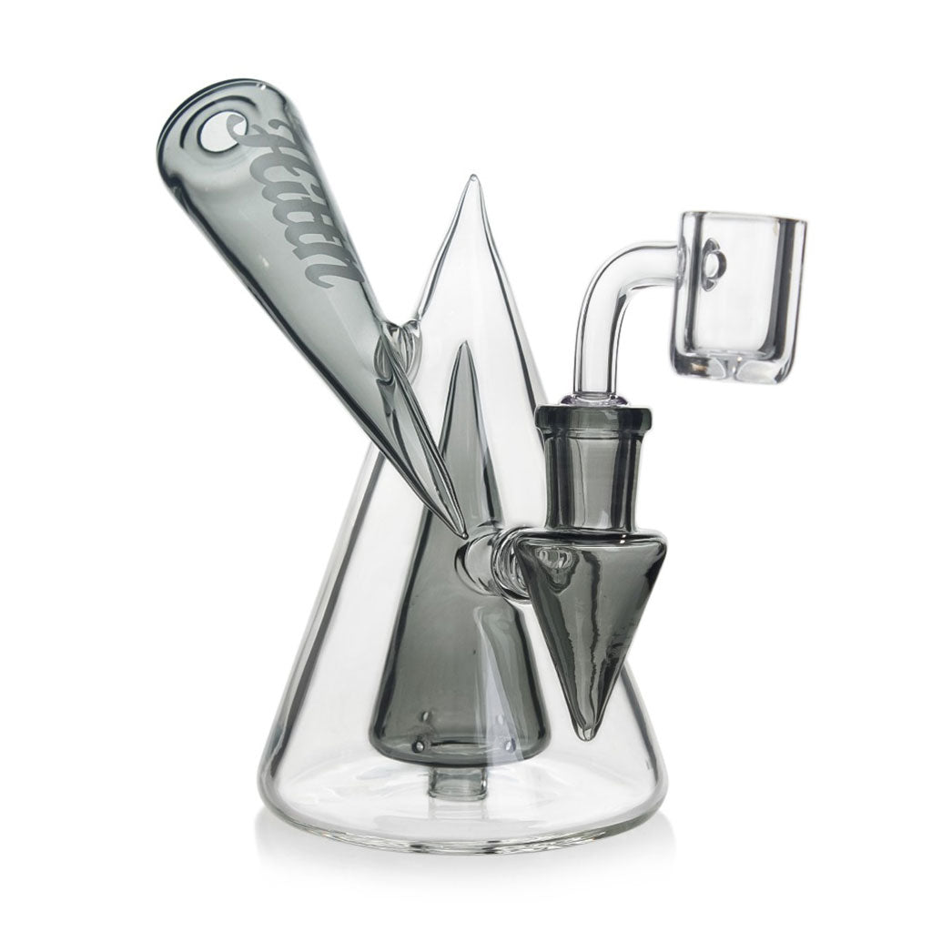 Hittn Pyramid Body Perc Dab Rig in black glass with Hittn logo for sale online at Honeybee Herb