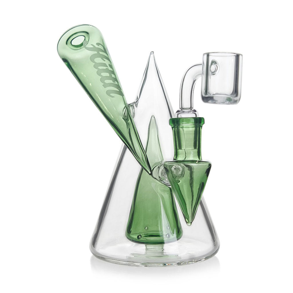 Hittn Pyramid Body Perc Dab Rig in green glass with Hittn logo for sale online at Honeybee Herb