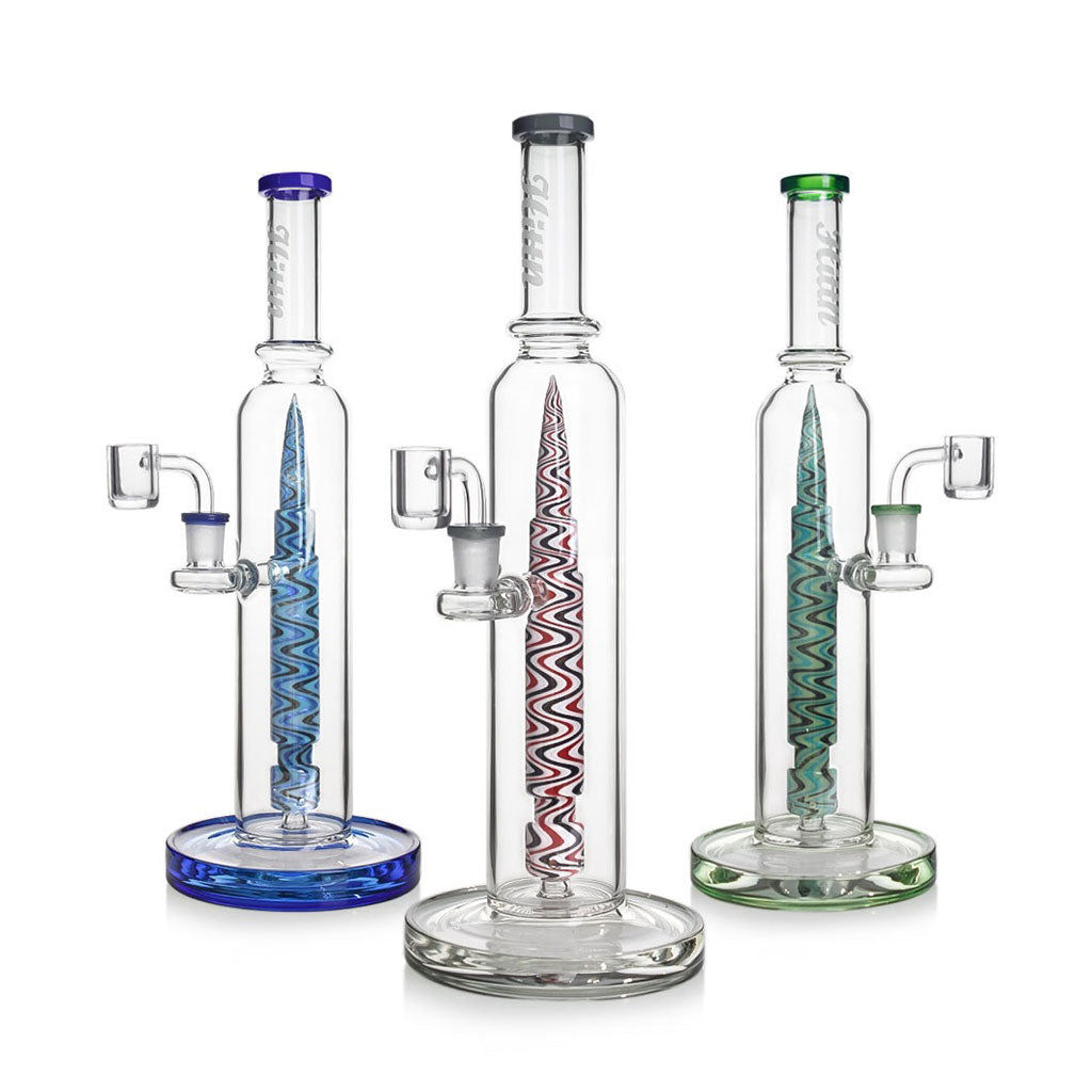 Three Hittn Dab Rigs with rocket percs in black, green, and blue