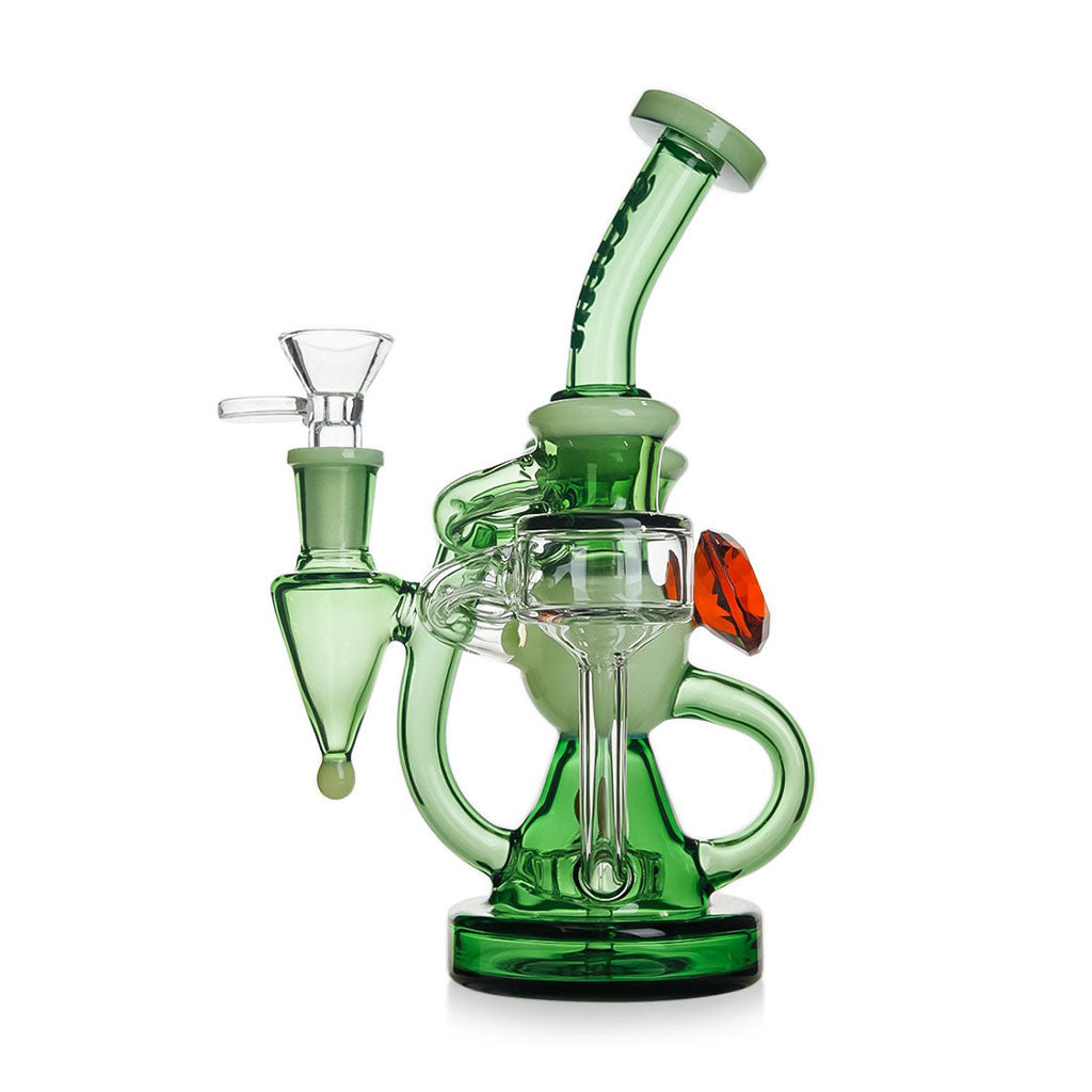 Angled view of the Green Hittn Showerhead Perc High Recycling Oil Rig—order now at Honeybee Herb; premium recycler performance, quick delivery.