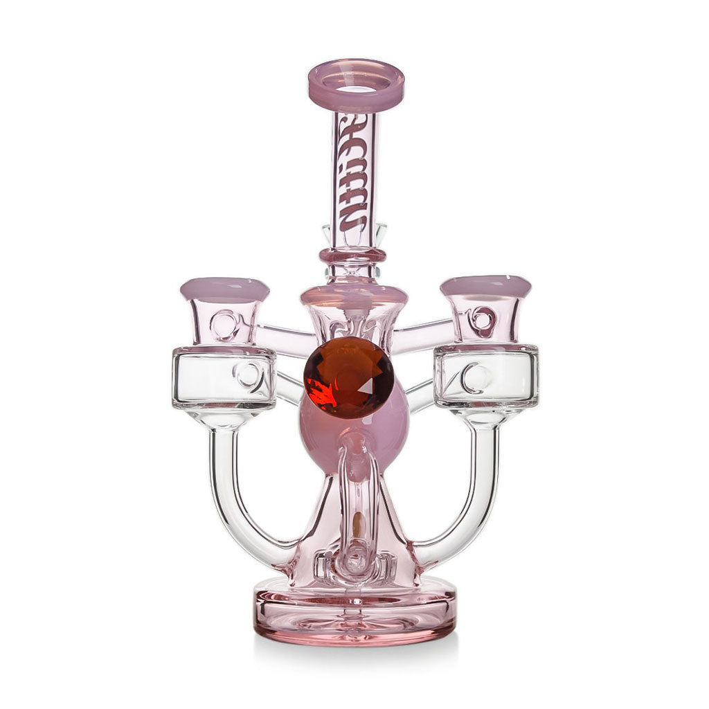 Pink Hittn Showerhead Perc High Recycling Oil Rig, front view—buy online at Honeybee Herb; recycler cooling, premium glass, fast shipping.