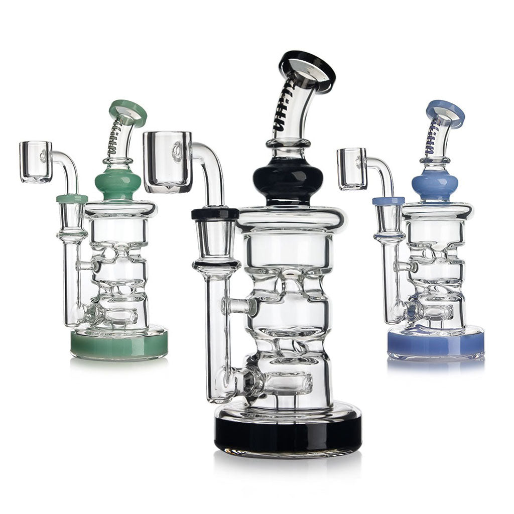 Buy Hittn Triple Chamber Disc Perc Recycler Dab Rig in black online at Honeybee Herb – premium glass rig for smooth hits.
