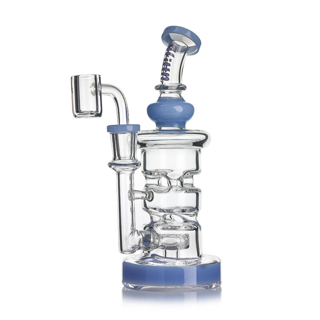 Blue Hittn Triple Chamber Disc Perc Recycler Dab Rig, front view—buy online at Honeybee Herb; smooth diffusion, premium glass, fast shipping.