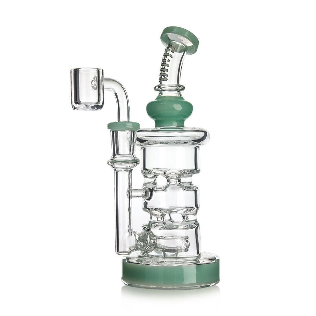 Green Hittn Triple Chamber Disc Perc Recycler Dab Rig, front view—buy online at Honeybee Herb; smooth diffusion, premium glass, fast shipping.